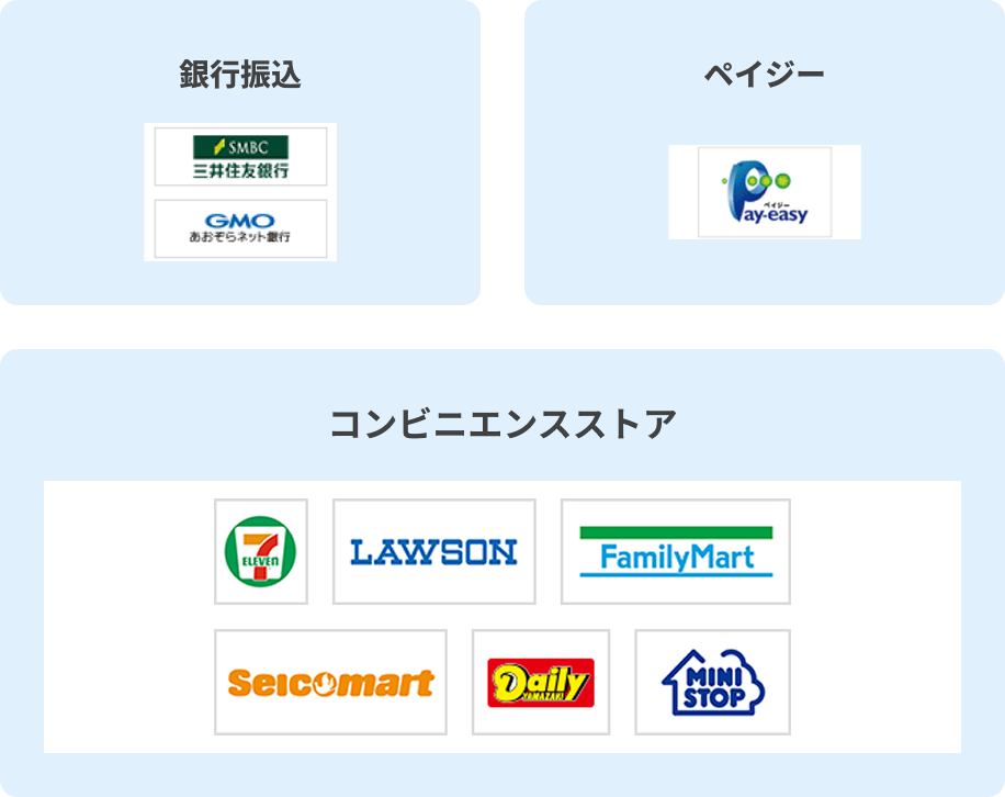銀行振込 三井住友銀行・GMOあおぞらネット銀行 / 銀行決済 ペイジー / コンビニエンスストア セブンイレブン・ローソン・ファミリーマート・セイコーマート・デイリーヤマザキ・ミニストップ
